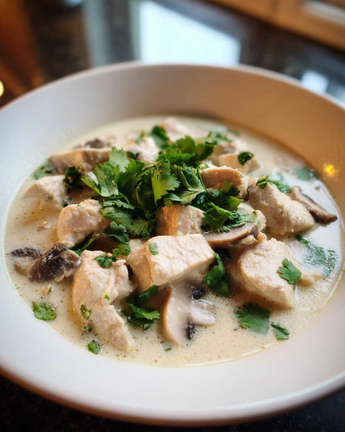 A close-up view of a white bowl filled with creamy chicken coconut soup, featuring chunks of chicken, sliced mushrooms, and fresh cilantro garnish.