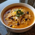 A close-up of a bowl of creamy chicken enchilada soup, garnished with shredded cheese, black beans, corn, and cilantro.