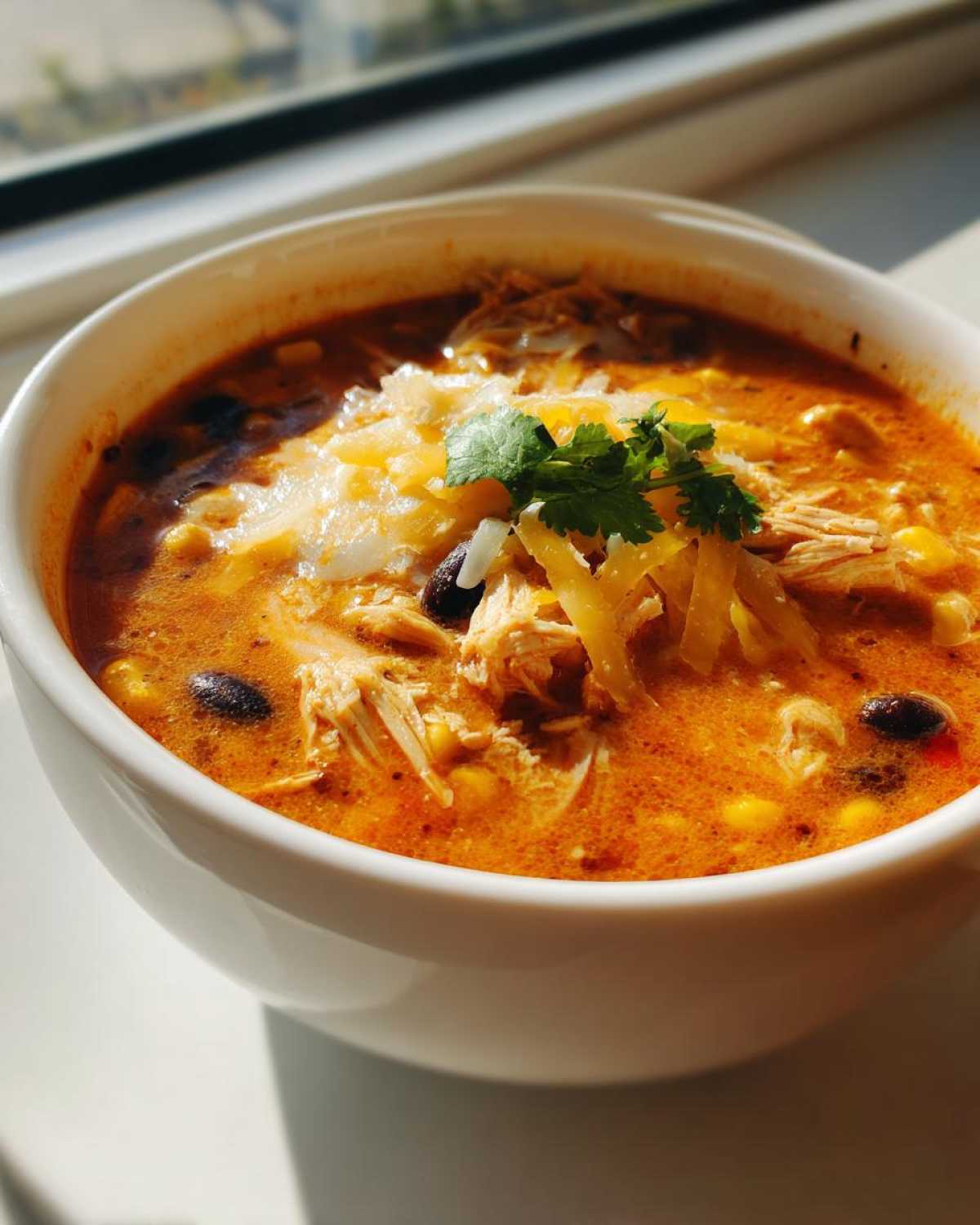 A close-up of a white bowl filled with creamy chicken enchilada soup, topped with shredded cheese, black beans, and cilantro.