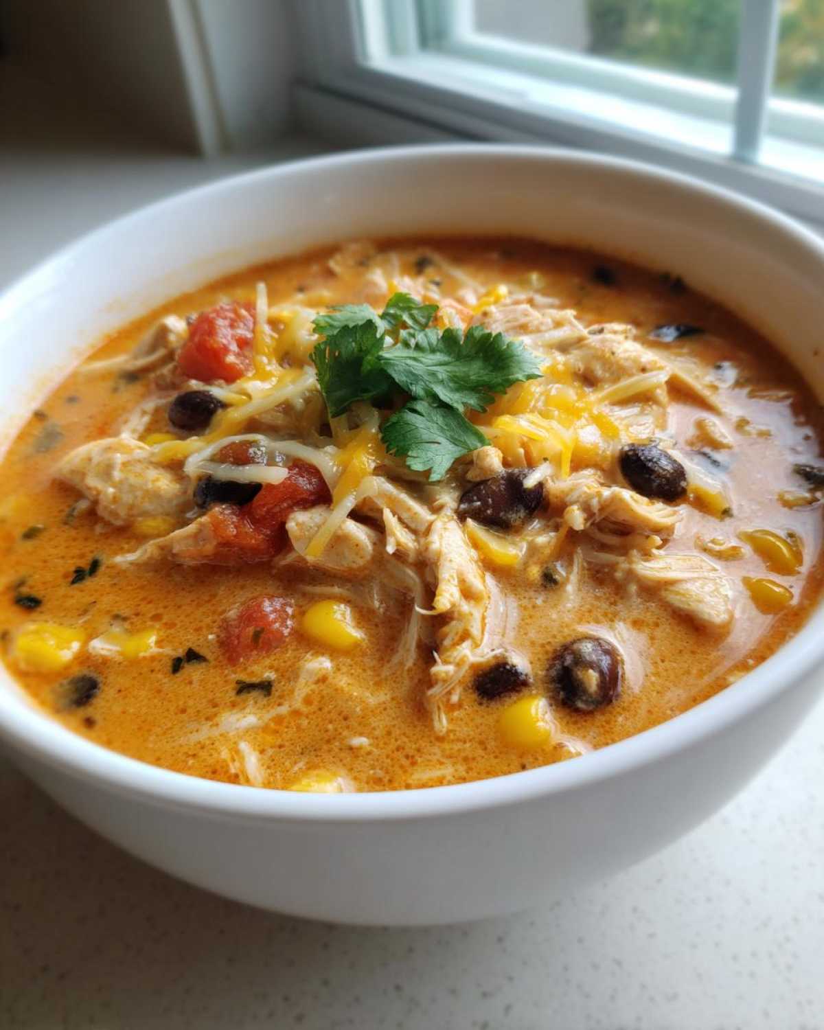 Close-up of a white bowl filled with creamy chicken enchilada soup, topped with shredded cheese, black beans, and cilantro.