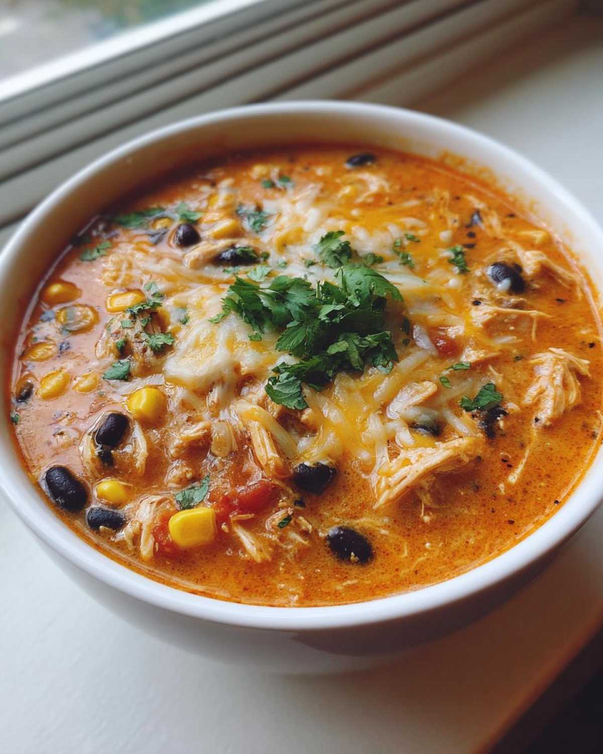 A close-up of a white bowl filled with creamy chicken enchilada soup, topped with melted cheese, black beans, corn, and cilantro.