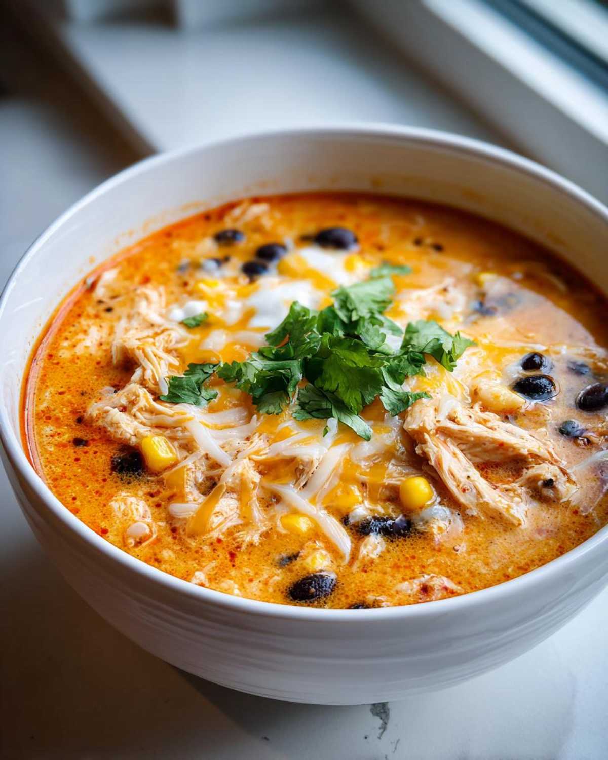 Close-up of a white bowl filled with creamy chicken enchilada soup, topped with shredded chicken, cheese, black beans, and cilantro.