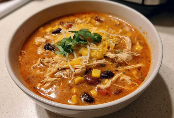A close-up of a white bowl filled with creamy chicken enchilada soup, topped with shredded chicken, cheese, corn, and cilantro.