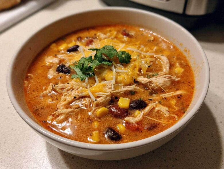 A close-up of a white bowl filled with creamy chicken enchilada soup, topped with shredded chicken, cheese, corn, and cilantro.