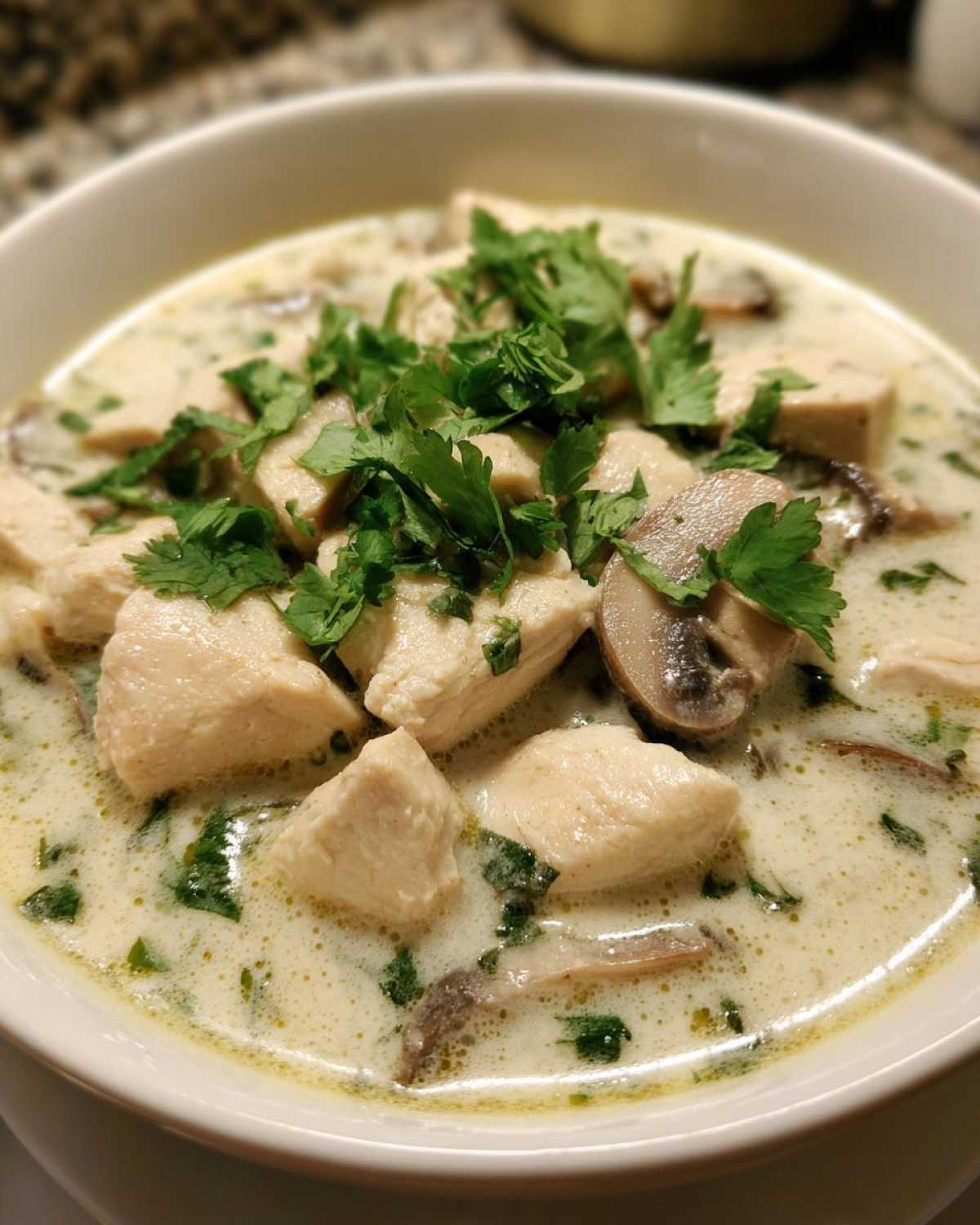 A close-up view of a bowl of creamy coconut soup filled with chunks of white chicken meat, sliced mushrooms, and topped with fresh cilantro.