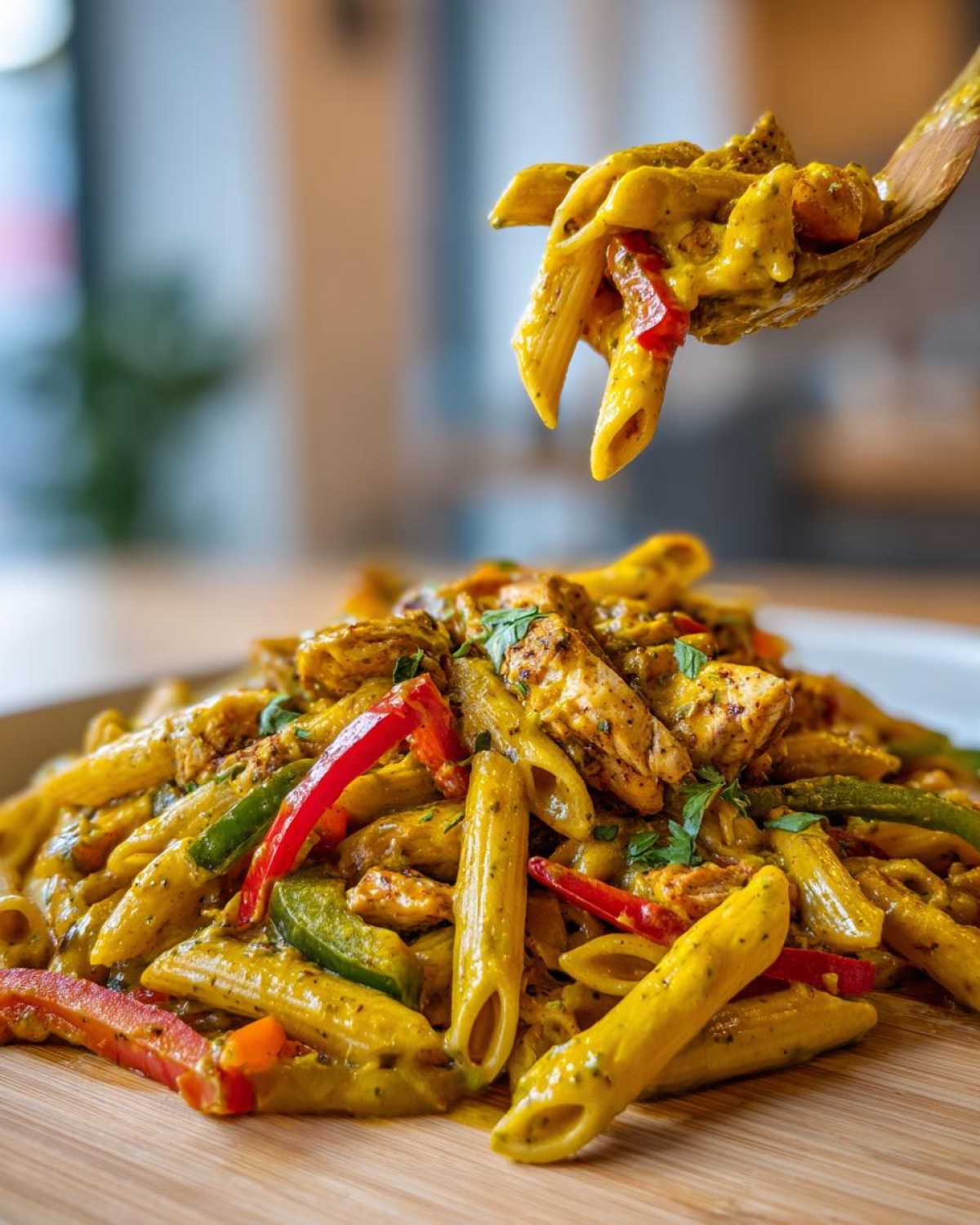 A spoonful of creamy, yellow Rasta pasta with chicken and bell peppers being lifted above a plate of the dish.