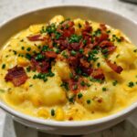 A close-up of a bowl of thick, yellow creamy corn chowder topped with bacon bits and fresh chives.