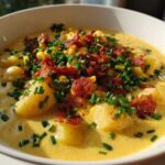 A close-up of a bowl of rich, yellow creamy corn chowder topped with crispy bacon bits and fresh chives.