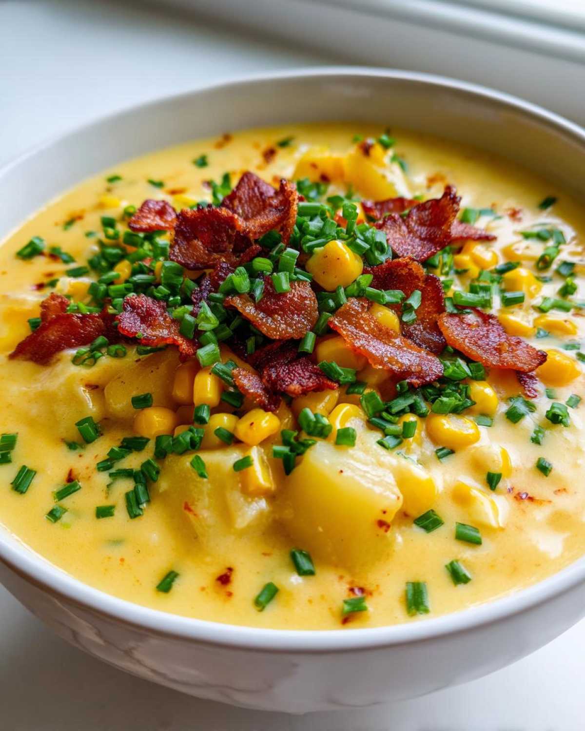Close-up of a bowl of creamy corn chowder topped generously with crispy bacon bits and fresh chives.