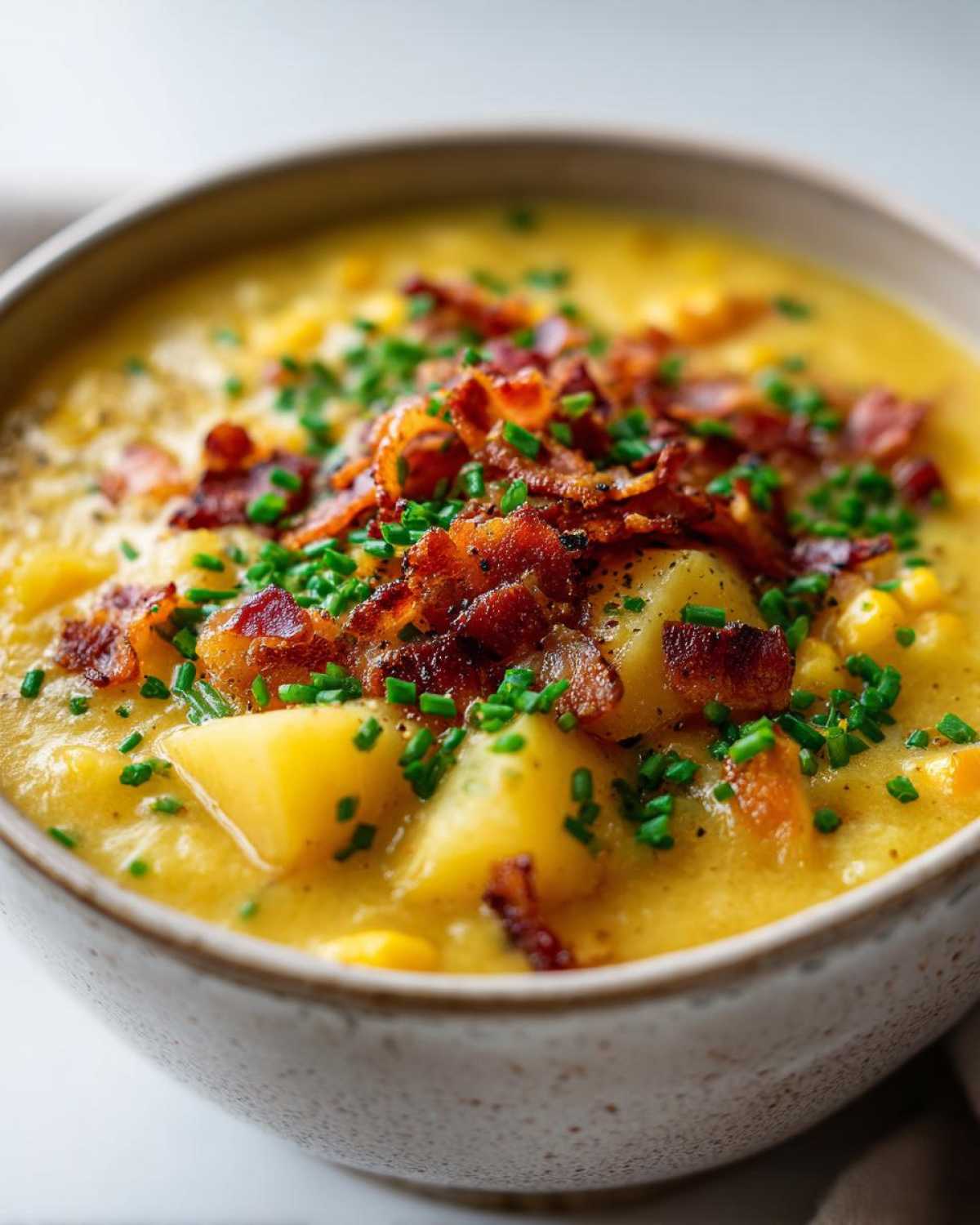 Close-up of a bowl of rich, yellow creamy corn chowder featuring chunks of potato, topped with crispy bacon bits and fresh chives.