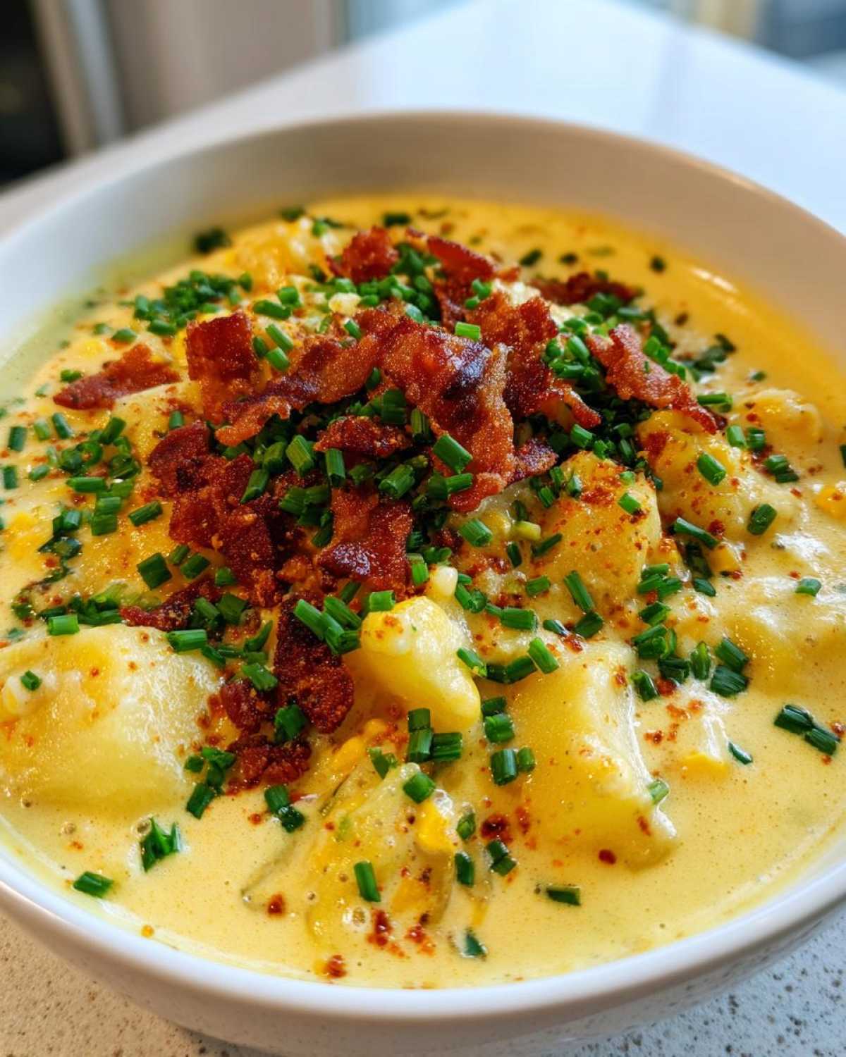 Close-up of a hearty bowl of creamy corn chowder loaded with potatoes, topped with crumbled bacon and fresh chives.