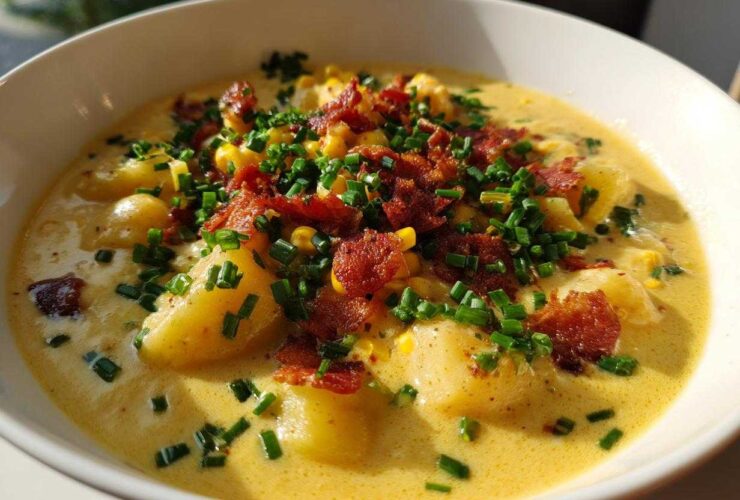 A close-up of a bowl of rich, yellow creamy corn chowder topped with crispy bacon bits and fresh chives.