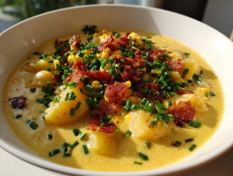 A close-up of a bowl of rich, yellow creamy corn chowder topped with crispy bacon bits and fresh chives.