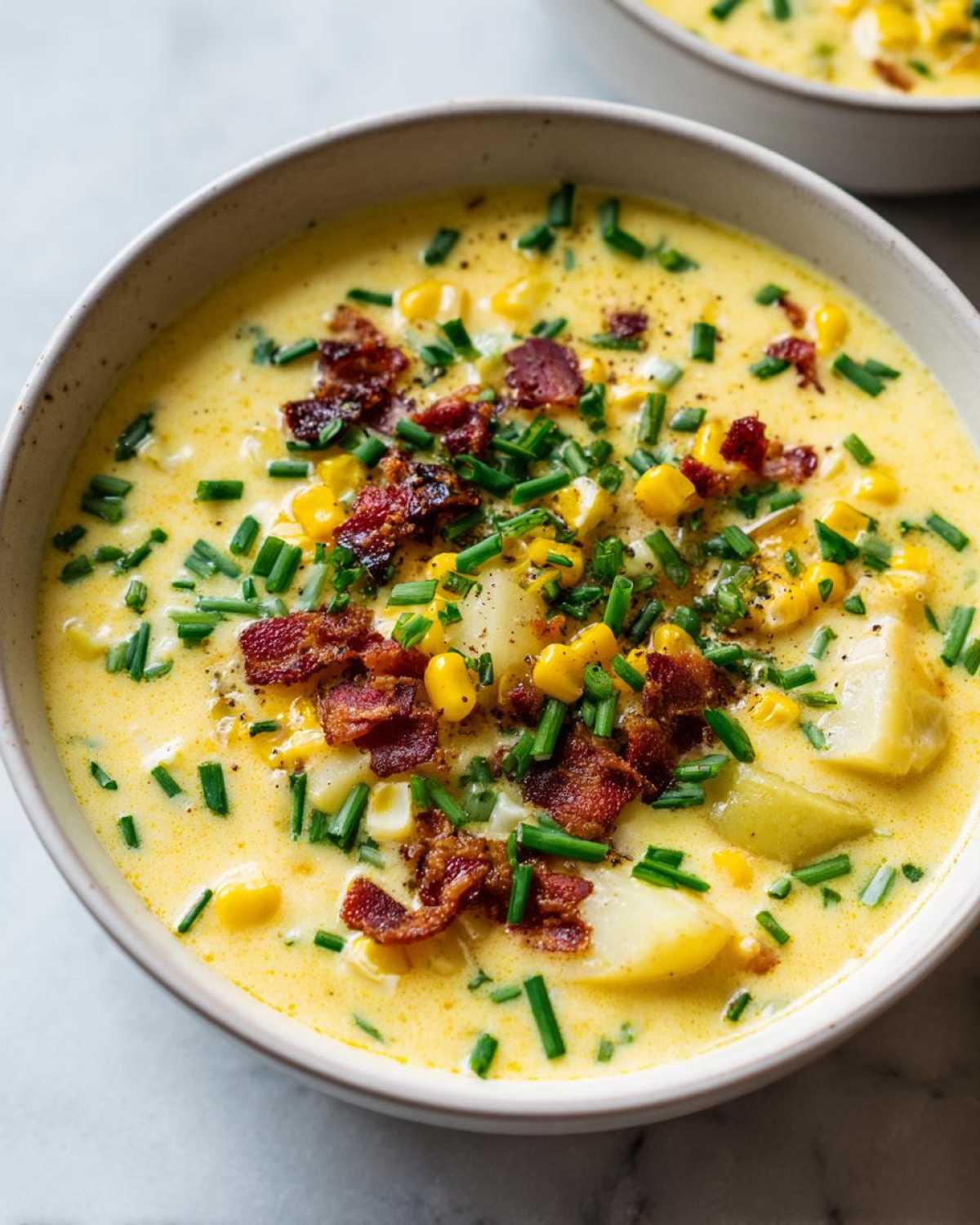 A close-up view of a bowl of rich, creamy corn chowder topped generously with crumbled bacon, fresh chives, and whole corn kernels.