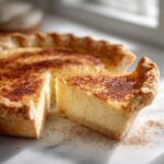 A close-up of a creamy custard pie with a slice cut out, dusted generously with cinnamon.