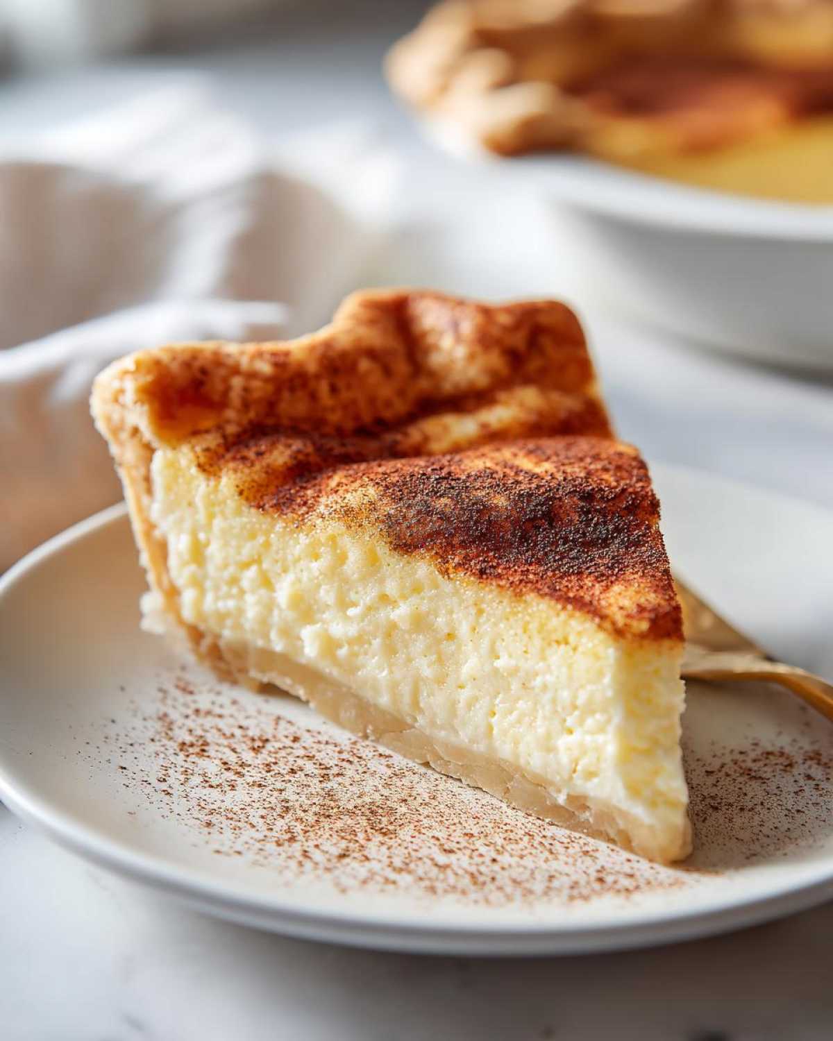 A close-up of a thick slice of creamy custard pie dusted heavily with cinnamon on a white plate.