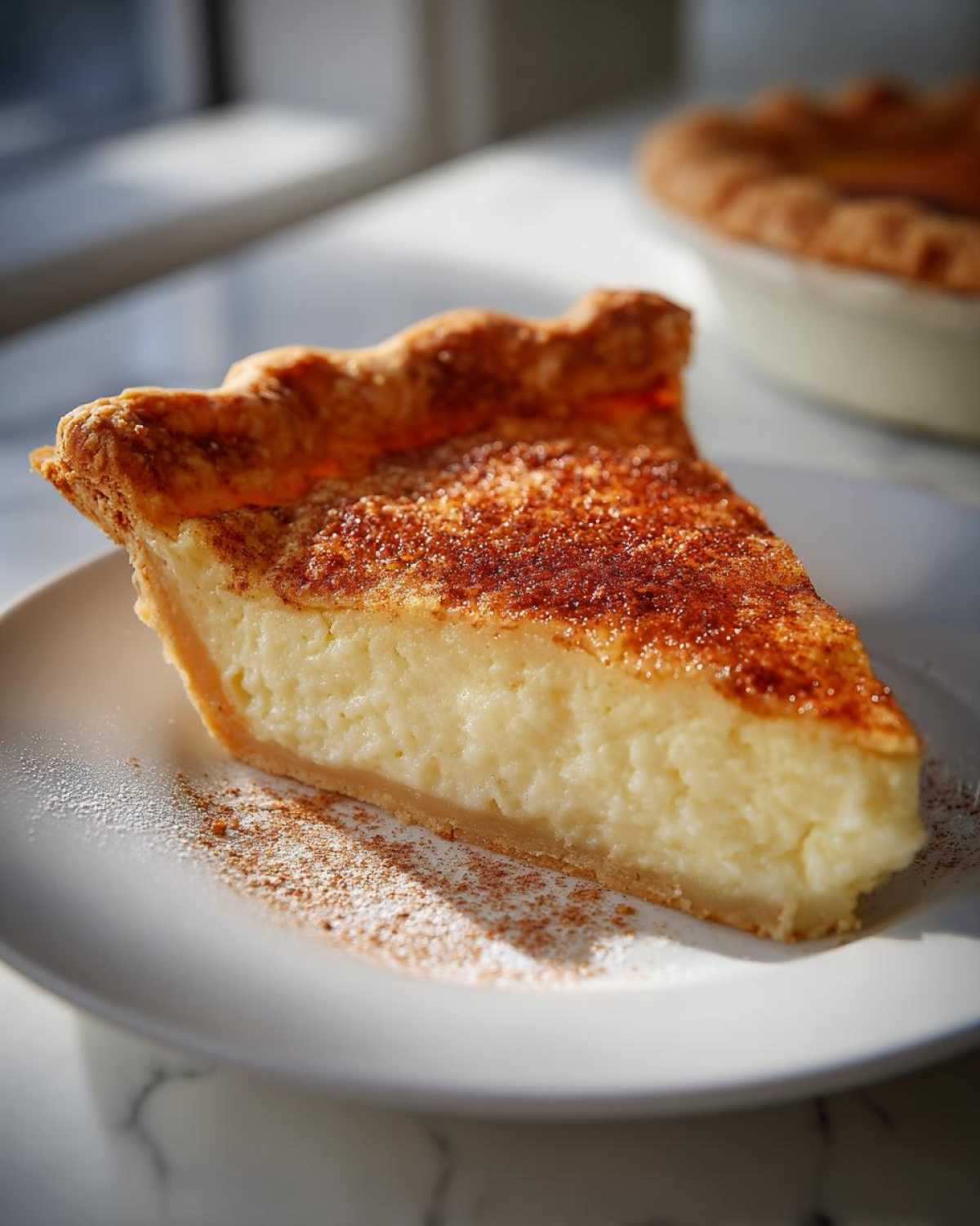A close-up slice of creamy custard pie dusted with cinnamon on a white plate.