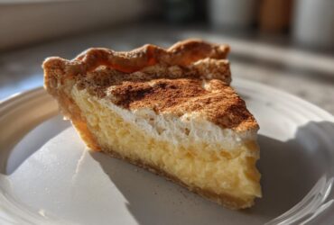 A close-up of a thick slice of creamy custard pie topped with meringue and dusted heavily with cinnamon.