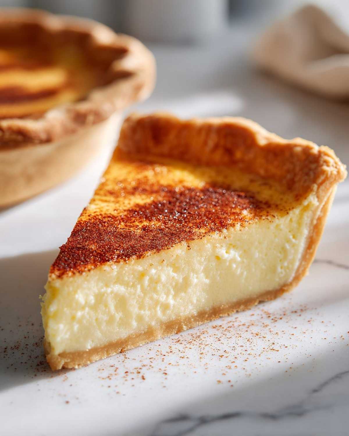 A close-up slice of creamy custard pie with a golden-brown, cinnamon-dusted top, resting on a marble surface.