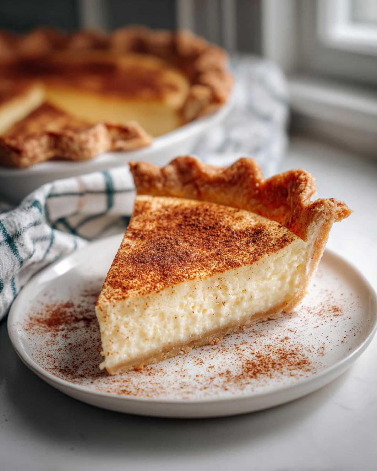 A close-up of a creamy custard pie slice dusted with cinnamon on a white plate.