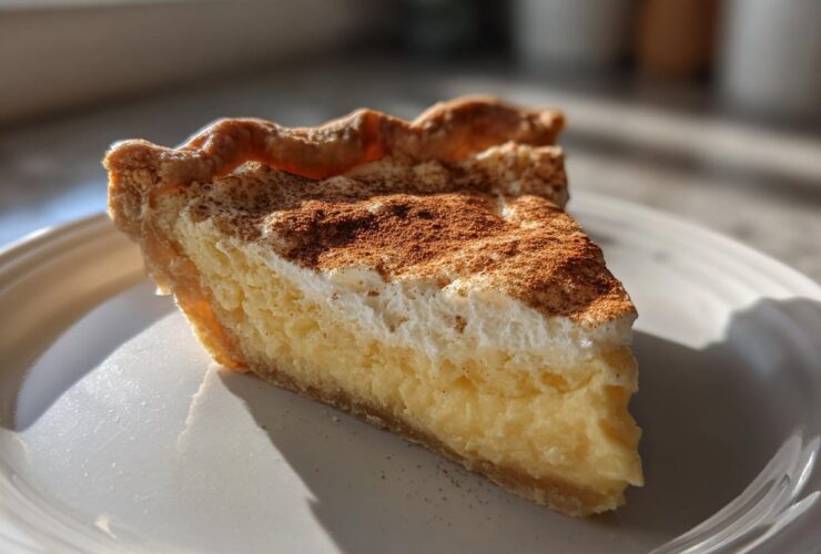 A close-up of a thick slice of creamy custard pie topped with meringue and dusted heavily with cinnamon.
