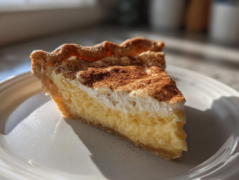 A close-up of a thick slice of creamy custard pie topped with meringue and dusted heavily with cinnamon.