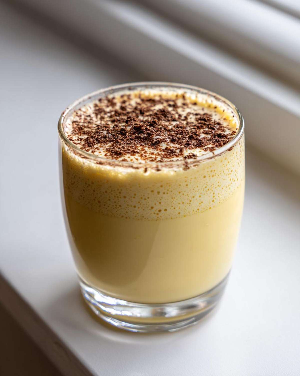 A glass of creamy, yellow eggnog topped with dark chocolate shavings, sitting on a white surface.