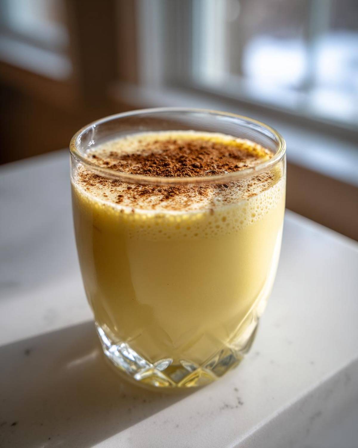 A glass of creamy, yellow eggnog topped generously with ground cinnamon, sitting on a light surface.