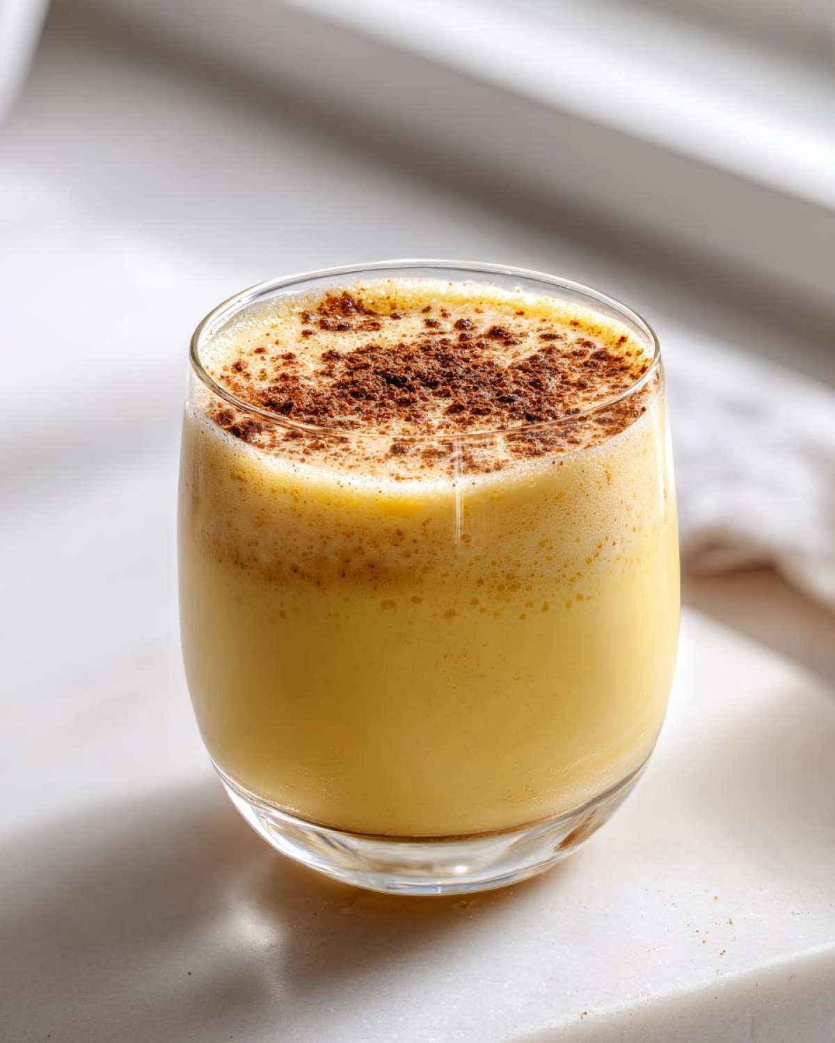 Close-up of a creamy, yellow glass of homemade eggnog topped with a dusting of cinnamon or nutmeg.