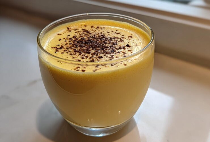 Close-up of a glass filled with creamy yellow eggnog, topped with freshly grated nutmeg.