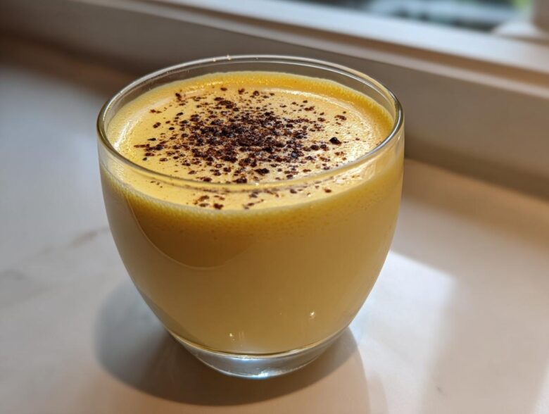 Close-up of a glass filled with creamy yellow eggnog, topped with freshly grated nutmeg.