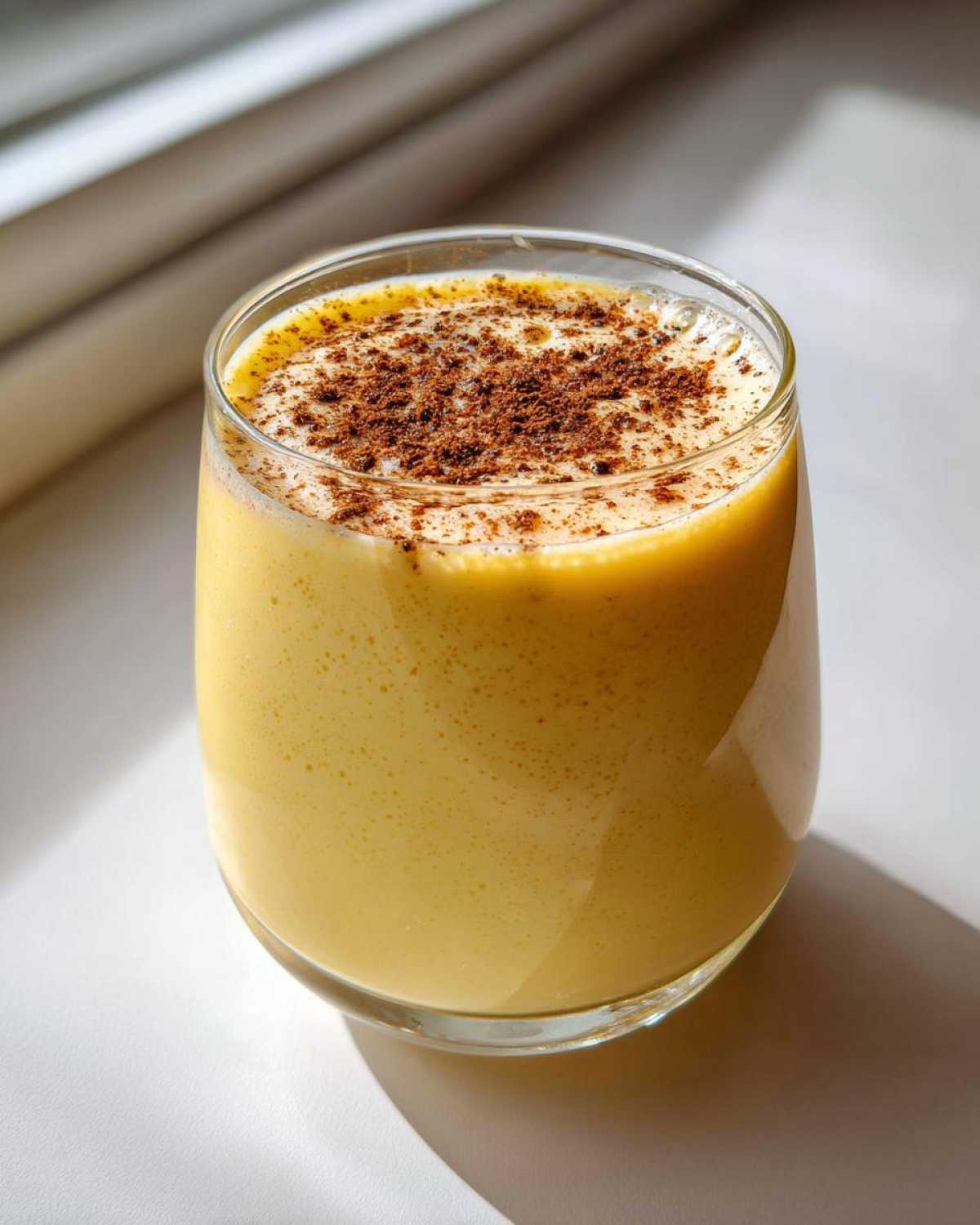 A glass filled with creamy, yellow homemade eggnog, topped with a generous dusting of ground nutmeg or cinnamon.