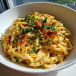A close-up of creamy french onion pasta served in a white bowl, garnished with crispy caramelized onions and fresh parsley.