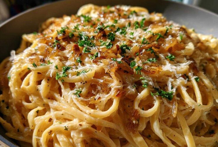 Close-up of creamy french onion pasta tossed in sauce, topped with caramelized onions, grated cheese, and fresh parsley.