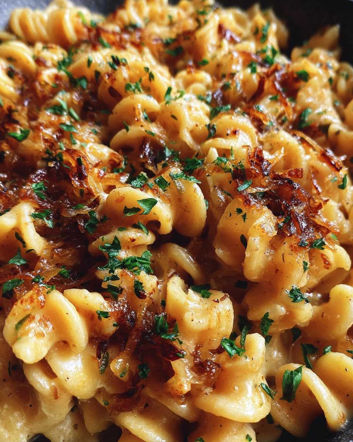 Close-up of creamy french onion pasta made with rotini, topped with caramelized onions and fresh parsley.