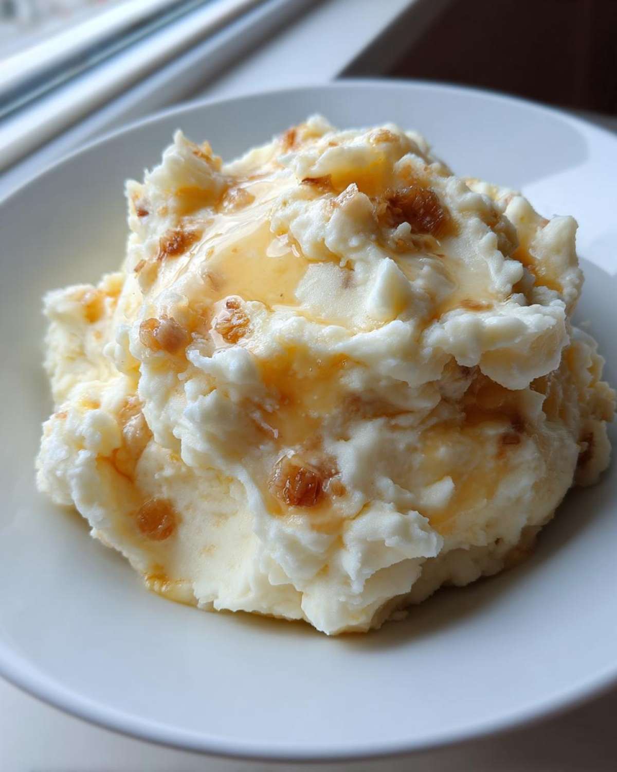 A close-up of creamy garlic mashed potatoes topped with melted butter and browned bits.