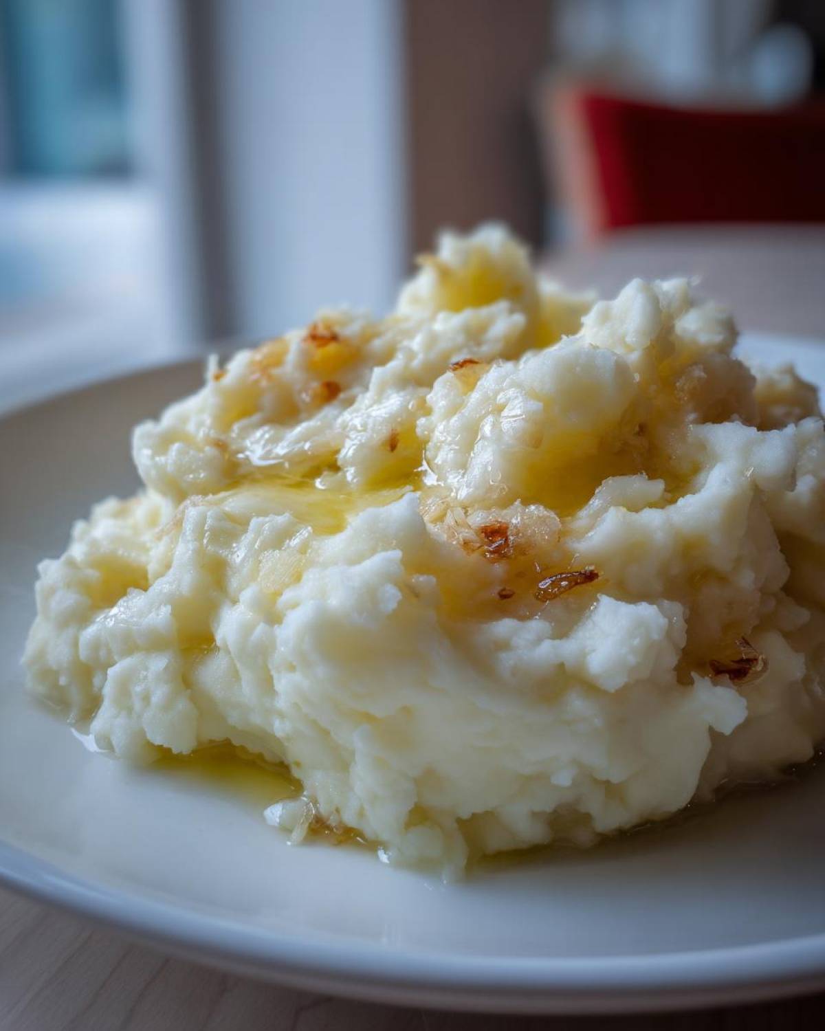 A close-up of fluffy garlic mashed potatoes topped with melted butter and crispy browned garlic bits.