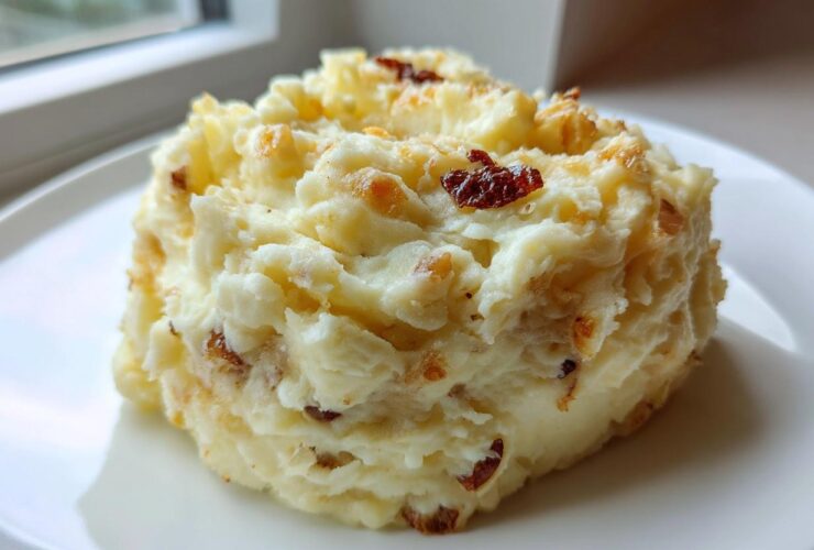 A mound of creamy garlic mashed potatoes topped with crispy browned bits, served on a white plate.