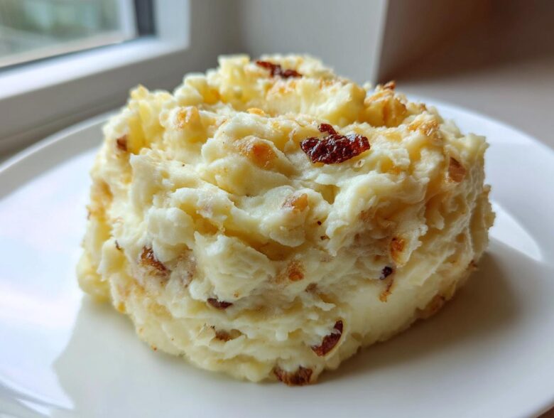 A mound of creamy garlic mashed potatoes topped with crispy browned bits, served on a white plate.