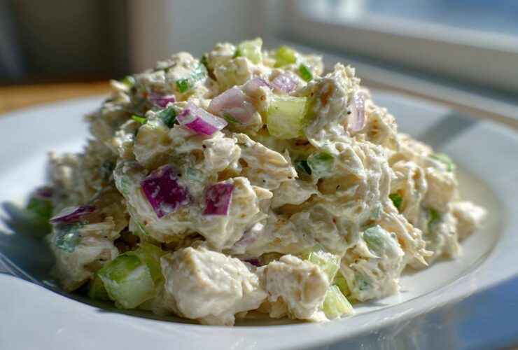 Close-up of creamy greek yogurt chicken salad mixed with chunks of celery and red onion on a white plate.
