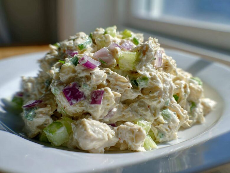 Close-up of creamy greek yogurt chicken salad mixed with chunks of celery and red onion on a white plate.