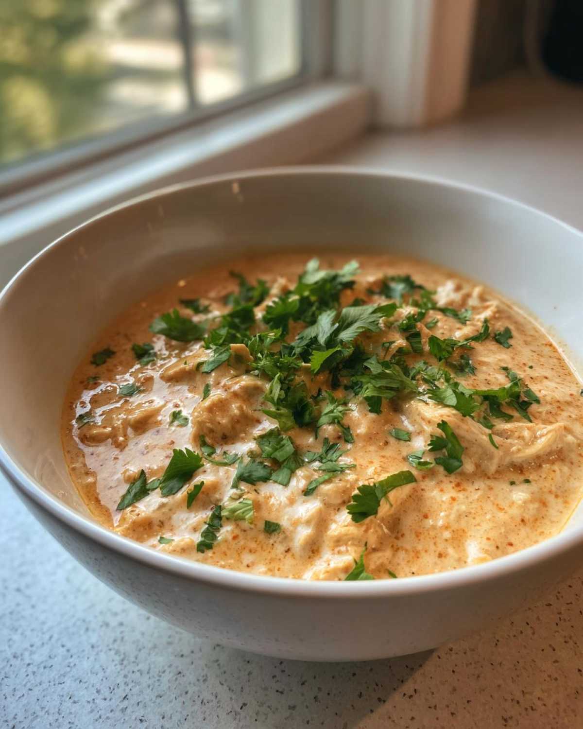 A close-up of a creamy bowl of keto white chicken chili topped generously with fresh cilantro.