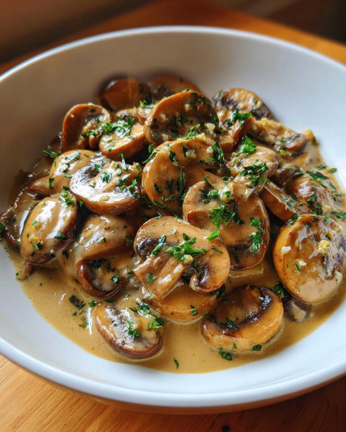 Close-up of sliced mushrooms coated in a rich, creamy mushroom sauce and garnished with fresh parsley.