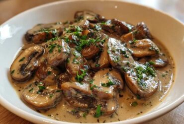 Close-up of rich, creamy mushroom sauce generously covering sliced mushrooms, garnished with fresh parsley.