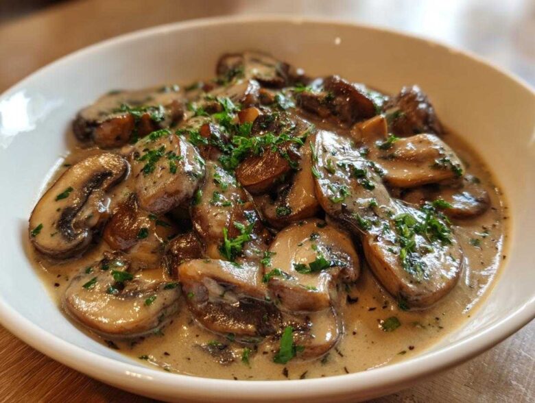 Close-up of rich, creamy mushroom sauce generously covering sliced mushrooms, garnished with fresh parsley.