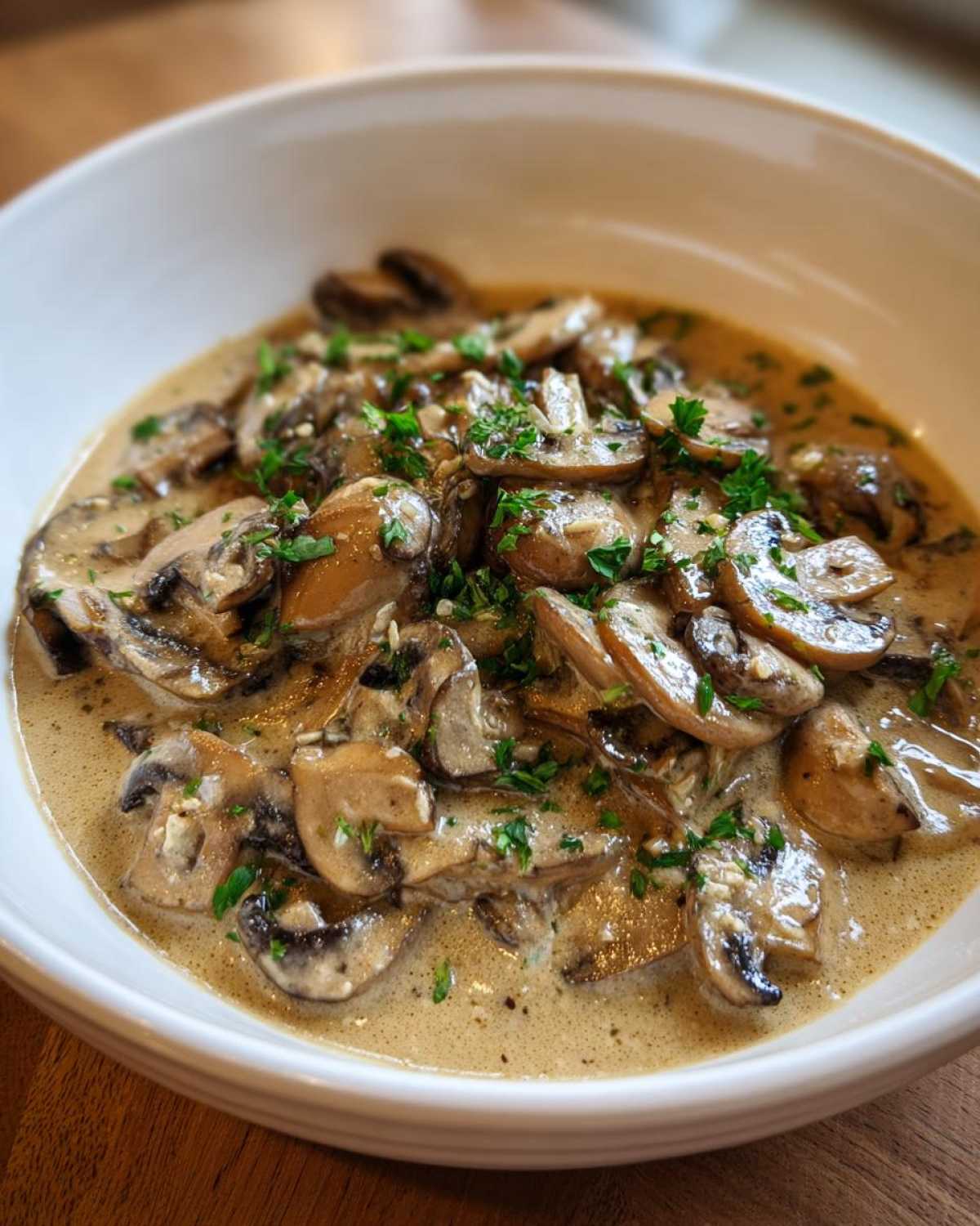 Close-up of rich, creamy mushroom sauce generously covering sliced mushrooms, garnished with fresh parsley.