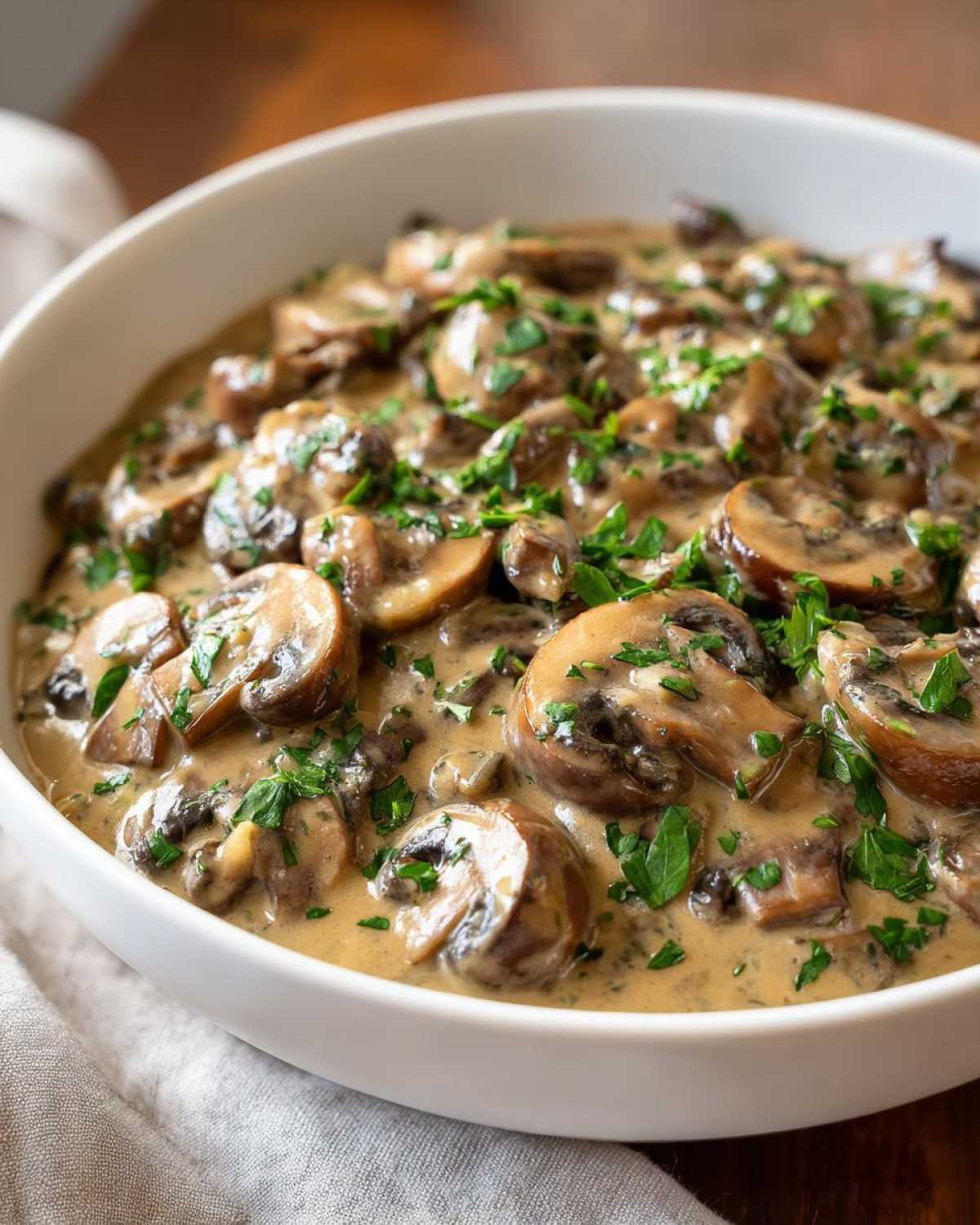 Close-up of rich, creamy mushroom sauce loaded with sliced mushrooms and topped with fresh parsley.