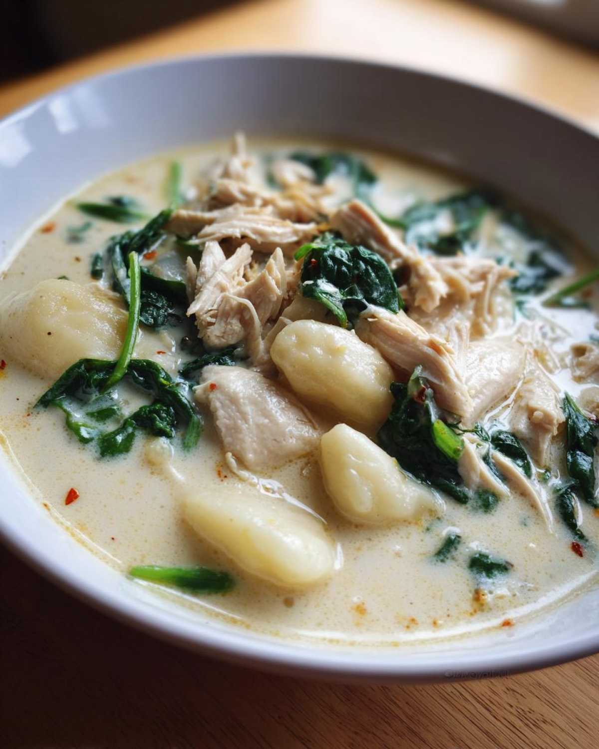 Close-up of a bowl of creamy olive garden chicken gnocchi soup with shredded chicken and spinach.