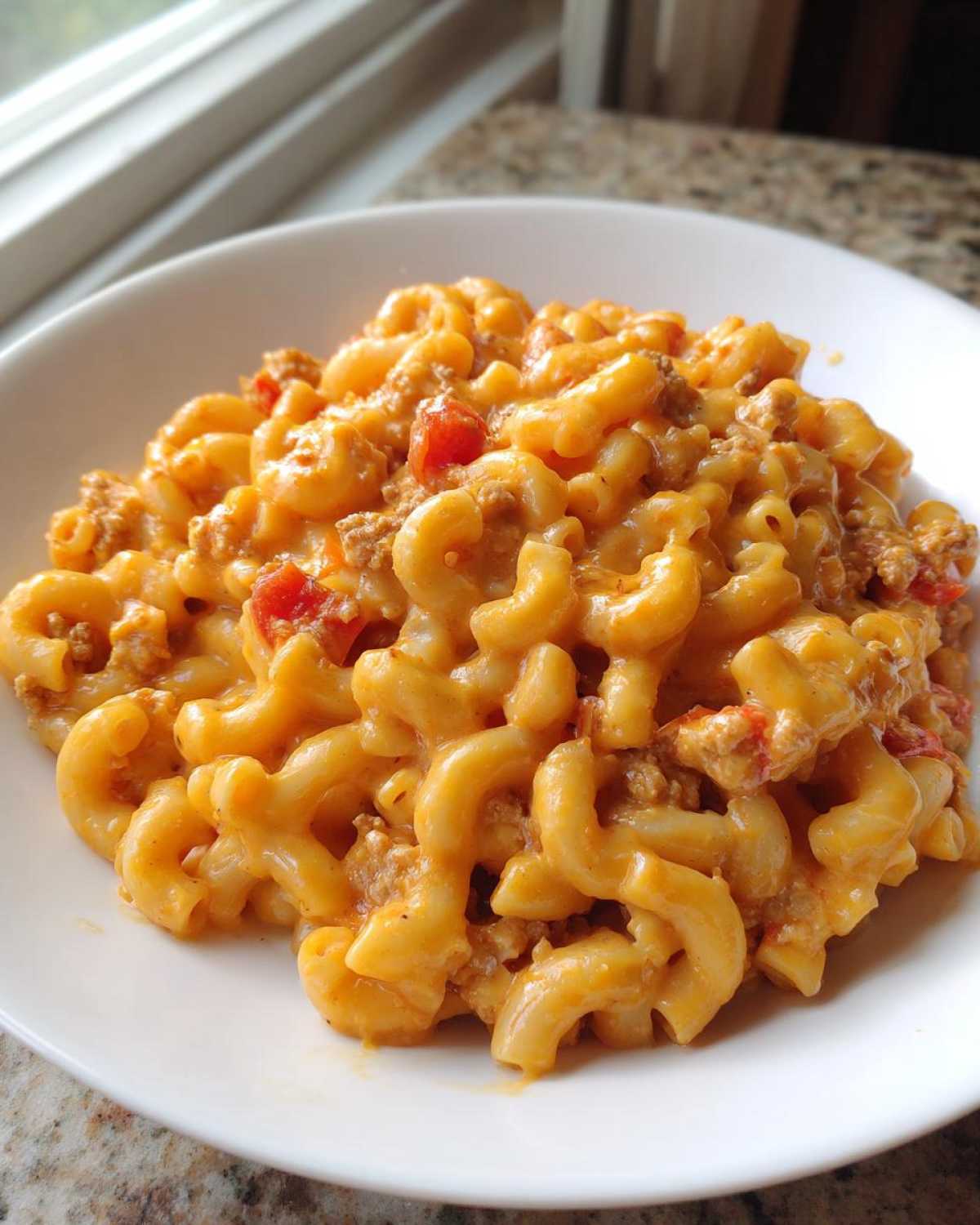 Close-up of creamy, cheesy taco pasta with ground meat and diced tomatoes served in a white bowl.