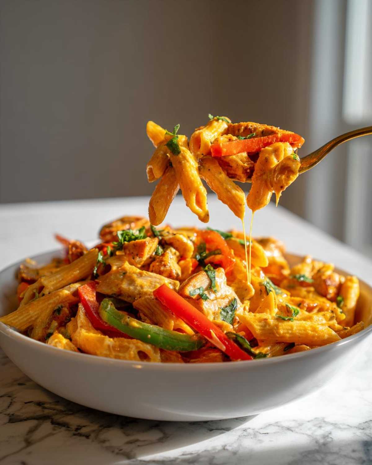 A fork lifts a portion of creamy, orange-hued Rasta Pasta with chicken and colorful bell peppers from a white bowl.